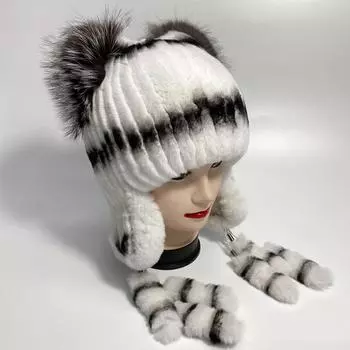 Женские шапки из натурального кроличьего меха с пушистым хвостом, теплая стильная зимняя шапка One Size белый