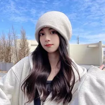 Женские шапки Осенне-зимняя шерстяная шапка Сложенная шапка Холодная шапка Парная шапка с обернутой головой Вязаная шапка Весенне-осенняя шапка-луна Большая окружность головы One Size