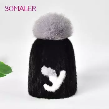 Женские шапки SOMALER из натурального меха норки, вязаная меховая шапка с помпоном из лисьего меха, шерстяная подкладка, шапка с Y-образным узором чёрный