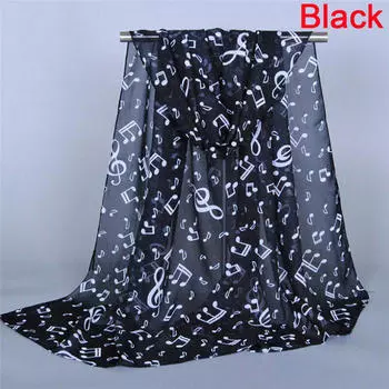 Женские шарфы с принтом музыкальных нот, женский мягкий шифоновый шарф-бесконечность чёрный