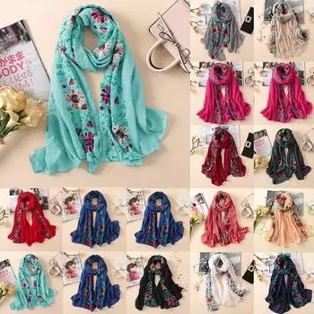 Женские шарфы с вышивкой, хлопковые шали из пашмины, банданы с цветочным принтом, шарфы бежевый