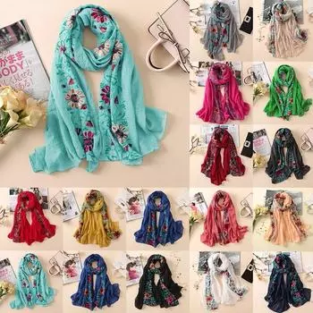 Женские шарфы с вышивкой, хлопковые шали из пашмины, банданы с цветочным принтом, шарфы one size чёрный