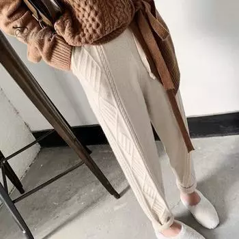 Женские шаровары, эластичные, с высокой талией, регулируемые, с завязками, трикотажные брюки, однотонные, свободный крой, ромбовидная текстура, длинные брюки верблюд