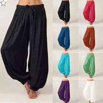 Женские шаровары больших размеров, повседневные длинные брюки, однотонные свободные мешковатые штаны для йоги, женские хлопковые льняные брюки для отдыха S коричневый