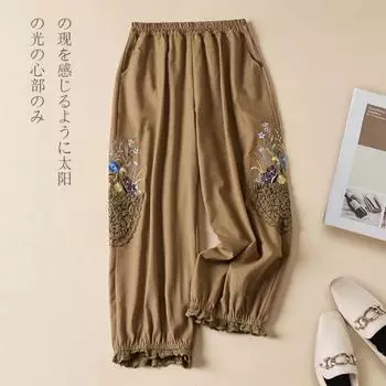 Женские шаровары из чистого хлопка и льна с драпировкой 2024 года, брюки-харлан с высокой талией, повседневные брюки, свободные брюки-редиски в стиле ретро для женщин M льняной