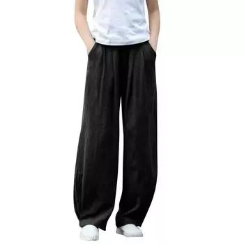 Женские шаровары из хлопка и конопли, литературные свободные повседневные брюки с эластичными штанинами, длинные брюки L чёрный