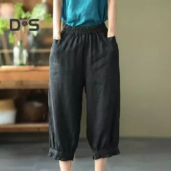 Женские шаровары с высокой резинкой на талии, свободные карманы, однотонные, мягкие, дышащие, длиной до середины икры, в стиле ретро, повседневные, женские, летние, весенние, укороченные брюки M бежевый