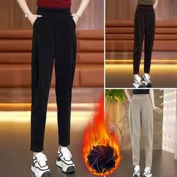 Женские шаровары с высокой талией, однотонные повседневные брюки с карманами, эластичная ткань, утолщенная флисовая подкладка, длинные брюки M хаки