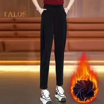 Женские шаровары с высокой талией, однотонные повседневные брюки с карманами, эластичная ткань, утолщенная флисовая подкладка, длинные брюки L хаки