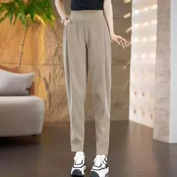 Женские шаровары с высокой талией, однотонные повседневные брюки с карманами, эластичная ткань, утолщенная флисовая подкладка, длинные брюки L хаки