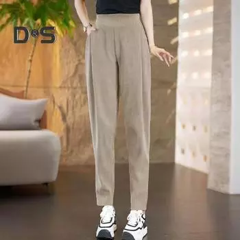 Женские шаровары с высокой талией, однотонные повседневные брюки с карманами, эластичная ткань, утолщенная флисовая подкладка, длинные брюки M чёрный