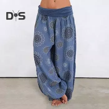 Женские шаровары в стиле ретро с этническим принтом, эластичные, со средней талией, свободные, с глубокой промежностью, мягкие повседневные, широкие шаровары, полная длина, длинные брюки 4XL темно-синий