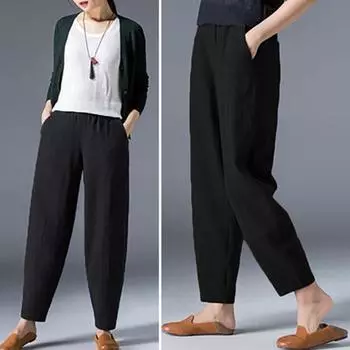 Женские шаровары Yousheng, эластичные, с высокой талией, однотонные, повседневные брюки с карманами, свободный крой, длинные брюки, уличная одежда 3XL чёрный