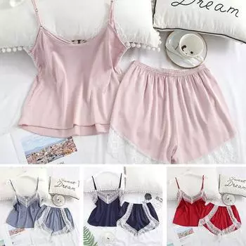 Женские шелковые атласные пижамы, шелковые пижамы на слинге, повседневная одежда M ~ XL L