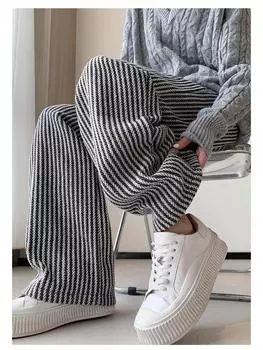 Женские шерстяные брюки с высокой посадкой, в черно-белую полоску, широкие от бедра - Petite 150, коллекция осень/зима M (96-110 jin)