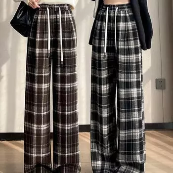 Женские шерстяные брюки с высокой талией в клетку, широкие — облегающие, свободные, прямые, на весну и осень XL (110-130 catties) чёрный