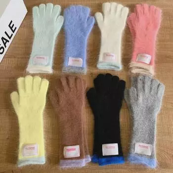 Женские шерстяные длинные перчатки с цветными блоками: Корейский стиль, пятипалый, зимняя ветрозащитная, теплая, идеально подходит для езды на велосипеде. One Size серый