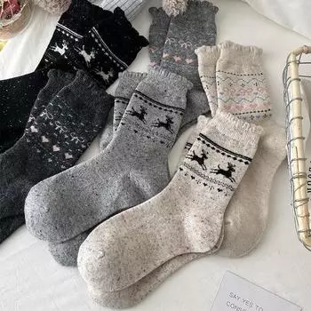 Женские шерстяные носки в стиле ретро с узором «Фэр-Айл»: Толстый, теплый, средней толщины, в японском стиле, защита от холода, точечный рисунок. One Size