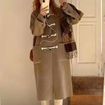 Женские шерстяные пальто осень-зима, новые, с капюшоном, с капюшоном, из коровьего рога, с пуговицами, с уменьшенным сроком службы, теплые шерстяные пальто, женская одежда S