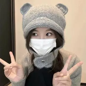 Женские шерстяные шапки с медвежьими ушками - милый плюшевый вязаный пуловер для холодной погоды Medium (56-58 cm)