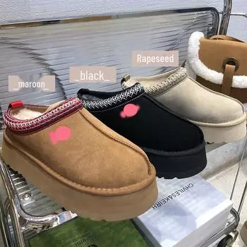 Женские шерстяные тапочки 2024 года: Овчина, толстая подошва, этнический стиль, высокие зимние сапоги, закрытый носок, полуслипон 36