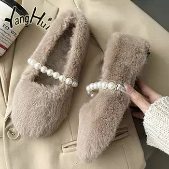 Женские шерстяные туфли Cross Fluffy Casual Concise Теплые короткие плюшевые балетки 2024 года Модные аксессуары Diamond Pearl Lazy Shoes Winter 35 хаки
