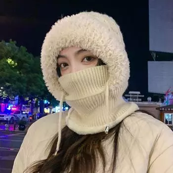 Женские шерстяные вязаные шапки-шарфы - Теплый пуловер на бархатной подкладке с защитой ушей для осени и зимы MM1714 чёрный