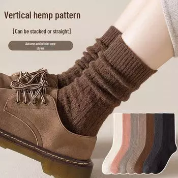 Женские шерстяные высокие носки — однотонные, скрученные, модные, средней длины, для осени/зимы One Size чёрный