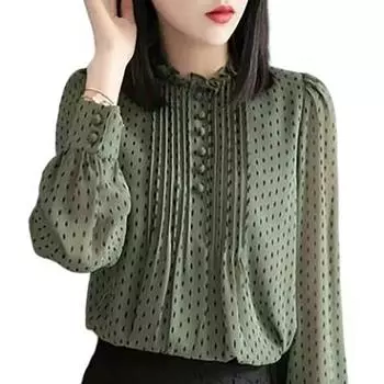 Женские шифоновые блузки в стиле весна-осень, рубашки, женские повседневные шифоновые блузки с длинным рукавом и круглым вырезом в горошек XXXXL зелёный