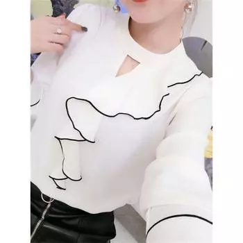 Женские шифоновые блузки в весенне-летнем стиле, рубашки, женские повседневные шифоновые топы с оборками и длинными рукавами, воротник-стойка XXL белый