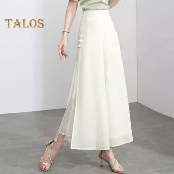 Женские шифоновые брюки, эластичные широкие брюки с высокой талией, однотонные повседневные брюки, свободный крой, длинные брюки с разрезом по бокам M чёрный