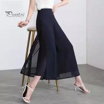 Женские шифоновые брюки, эластичные широкие брюки с высокой талией, однотонные повседневные брюки, свободный крой, длинные брюки с разрезом по бокам M чёрный