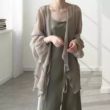 Женские шифоновые кардиганы с V-образным вырезом, фонарь, длинный рукав, шифоновый топ, прозрачная шнуровка, неровный подол, шаль, пальто M чёрный