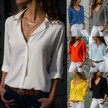Женские шифоновые рубашки с длинным рукавом, весенне-осенняя однотонная футболка с v-образным вырезом, повседневные свободные топы M чёрный