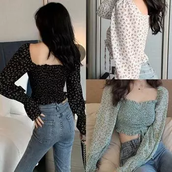 Женские шифоновые рубашки с квадратным вырезом и длинными рукавами с цветочными оборками зелёный