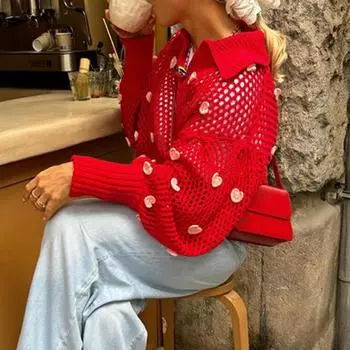 Женские шикарные милые ажурные вязаные топы с длинными рукавами-фонариками, симпатичный пуловер для леди, осенняя элегантная уличная одежда, новый дизайн одежды S красный