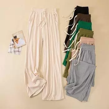 Женские шикарные однотонные прямые брюки с карманами, эластичная резинка на талии, широкие брюки с завязками, повседневные свободные брюки, повседневные брюки для йоги для отдыха L чёрный