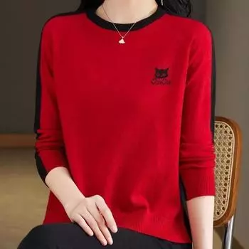 Женские шикарные свитера с круглым вырезом и вышивкой в виде кота, осенние новые повседневные свободные модные трикотажные изделия в полоску, зимние пуловеры в стиле пэчворк S оранжевый