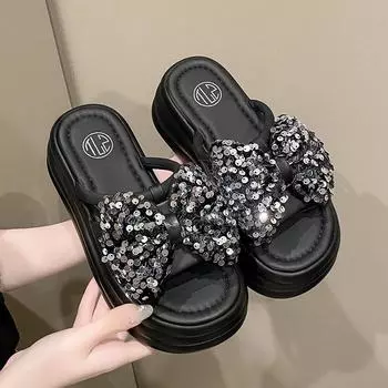 Женские шикарные толстые тапочки, летние женские пляжные шлепанцы, босоножки на танкетке, женские кожаные туфли на высокой платформе 7,5 см 33 чёрный