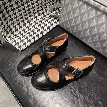 Женские шикарные туфли TRAF с перекрестной пряжкой на ремне и каблуком «бабушка», черные, с круглым носком, универсальные, удобные, женские, на плоской подошве 36