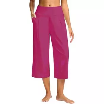 Женские широкие брюки, эластичные брюки с высокой талией и завязками, струящиеся летние пляжные брюки-палаццо, повседневные брюки L синий