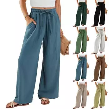 Женские широкие брюки, эластичные брюки с высокой талией и завязками, струящиеся летние пляжные брюки-палаццо, повседневные брюки L бежевый