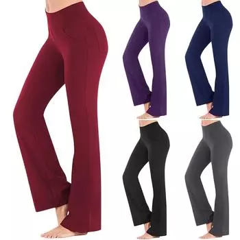 Женские широкие брюки для йоги, удобные спортивные брюки для танцев с высокой талией, широкий эластичный карман L чёрный