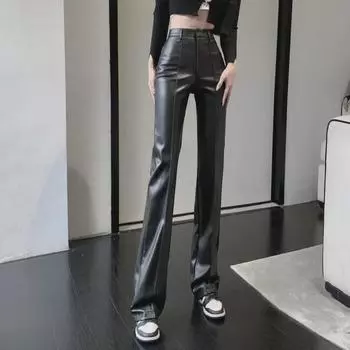Женские широкие брюки из черной кожи с высокой талией 2023 года — облегающие, прямые, повседневного стиля S 40-48kg