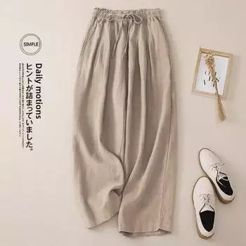 Женские широкие брюки из хлопка и льна, эластичная высокая талия, четыре цвета, легкие и свободные, весна/лето 2024. L жёлтый/оливковый