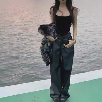 Женские широкие брюки из искусственной кожи с высокой талией, большого размера, черного цвета - Осень/Зима, свободный крой 3XL чёрный