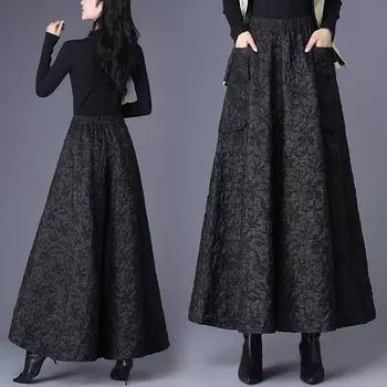 Женские широкие брюки из жаккарда в национальном стиле, осенне-зимние, большие размеры, узкие, с эластичной резинкой на талии, брюки-кюлоты в стиле зонтик, повседневные ботинки, брюки XXXXL чёрный