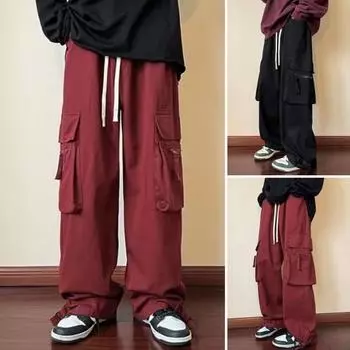 Женские широкие брюки-карго с эластичной резинкой на талии и несколькими карманами, спортивные брюки, однотонные спортивные брюки 2XL чёрный