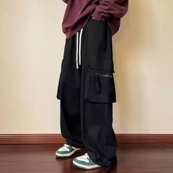 Женские широкие брюки-карго с эластичной резинкой на талии и несколькими карманами, спортивные брюки, однотонные спортивные брюки 2XL чёрный