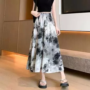 Женские широкие брюки-кюлоты с принтом тай-дай, лето 2024, новая новая китайская шифоновая тонкая маленькая юбка в национальном стиле S